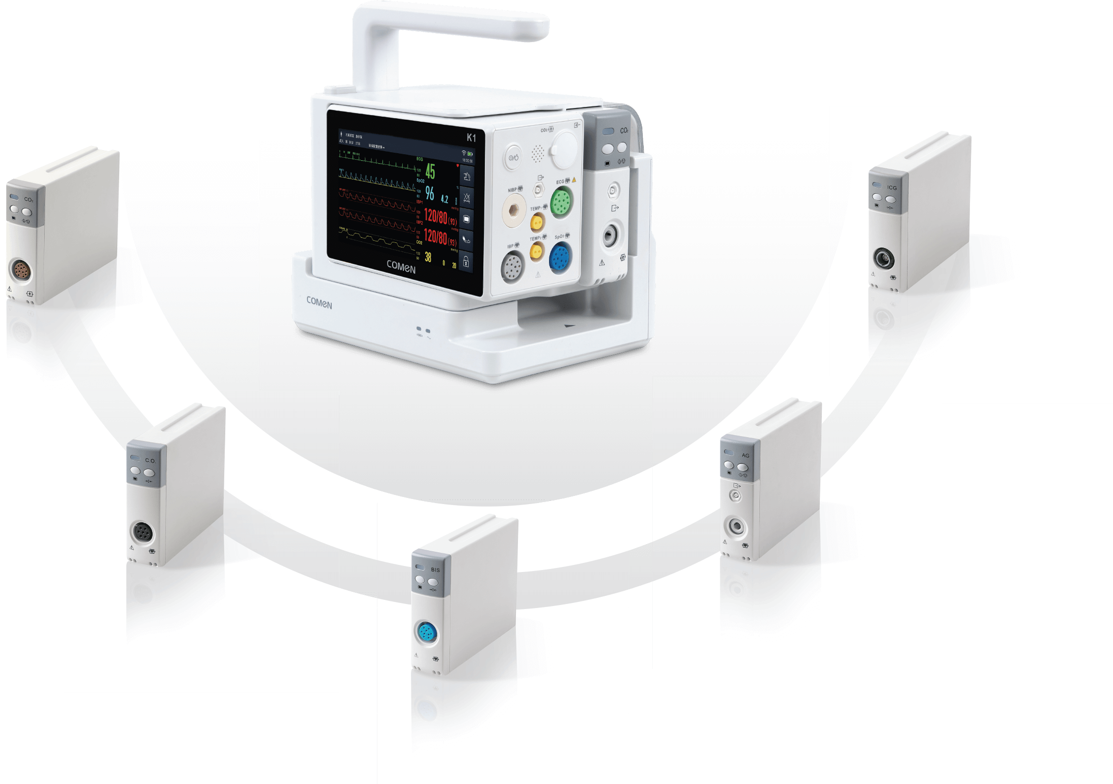 為了滿足一站式的臨床需求,K1提供床旁及所有轉(zhuǎn)運(yùn)期間更靈活、全面、精準(zhǔn)的參數(shù)監(jiān)測(cè)
